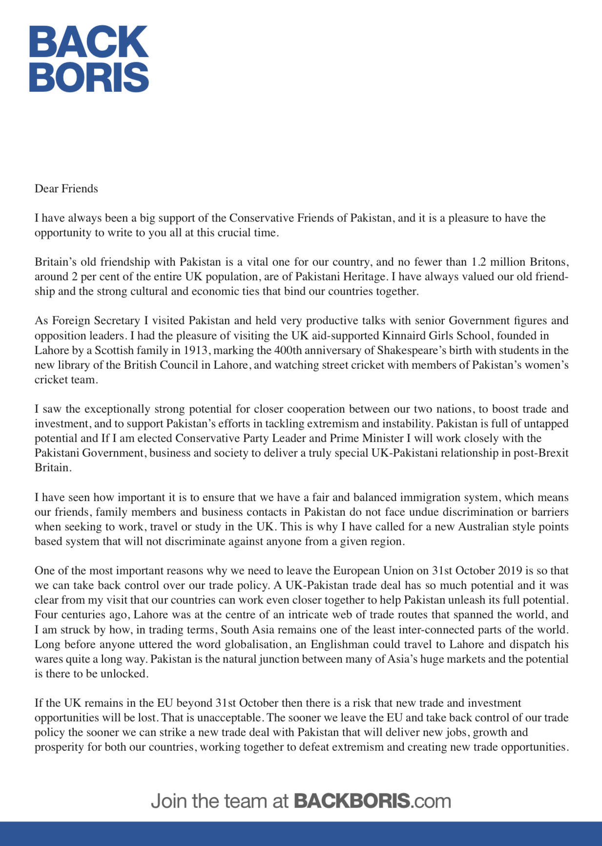 Boris Johnson’s letter to CFOP